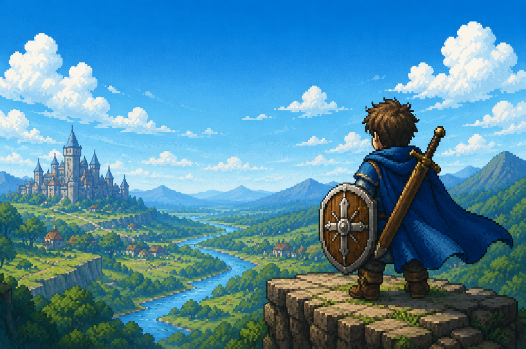 冒険者が山と城を見渡すQuestLogの風景